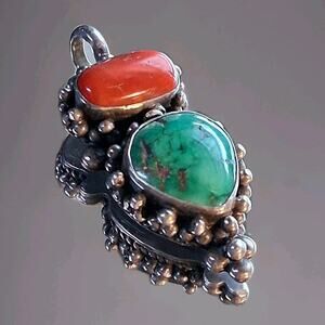 Fine Antique Himalayan, Authentic Coral Turquoise & Sterling Silver Pendant